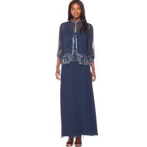 NWT J Kara Beaded Gown with Sheer Jacket, sz 18
